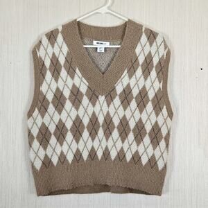 William Rast Argyle Diamond Fuzzy Sweater Vest Cropped Tan Cream sz L